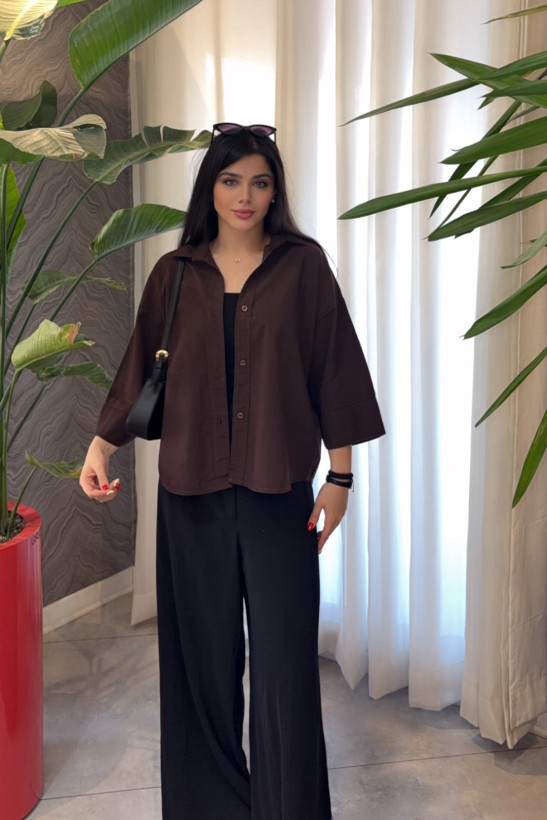 شومیز لینن زنانه آستین سهربع قهوه ای